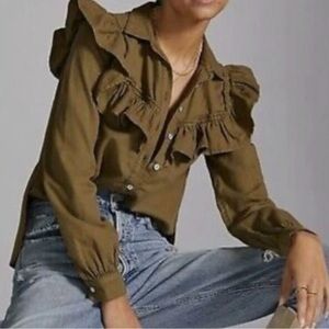 Anthropologie PILCRO M $98  Olive Button-Down Shirt with Ruffles